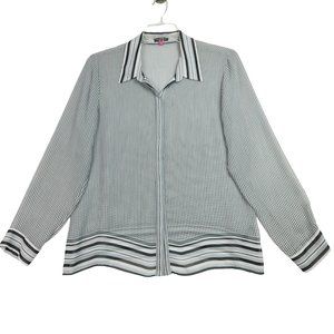 Vince Camuto Womens Button Up Sheer Blouse Size L Gray White Striped Long Sleeve